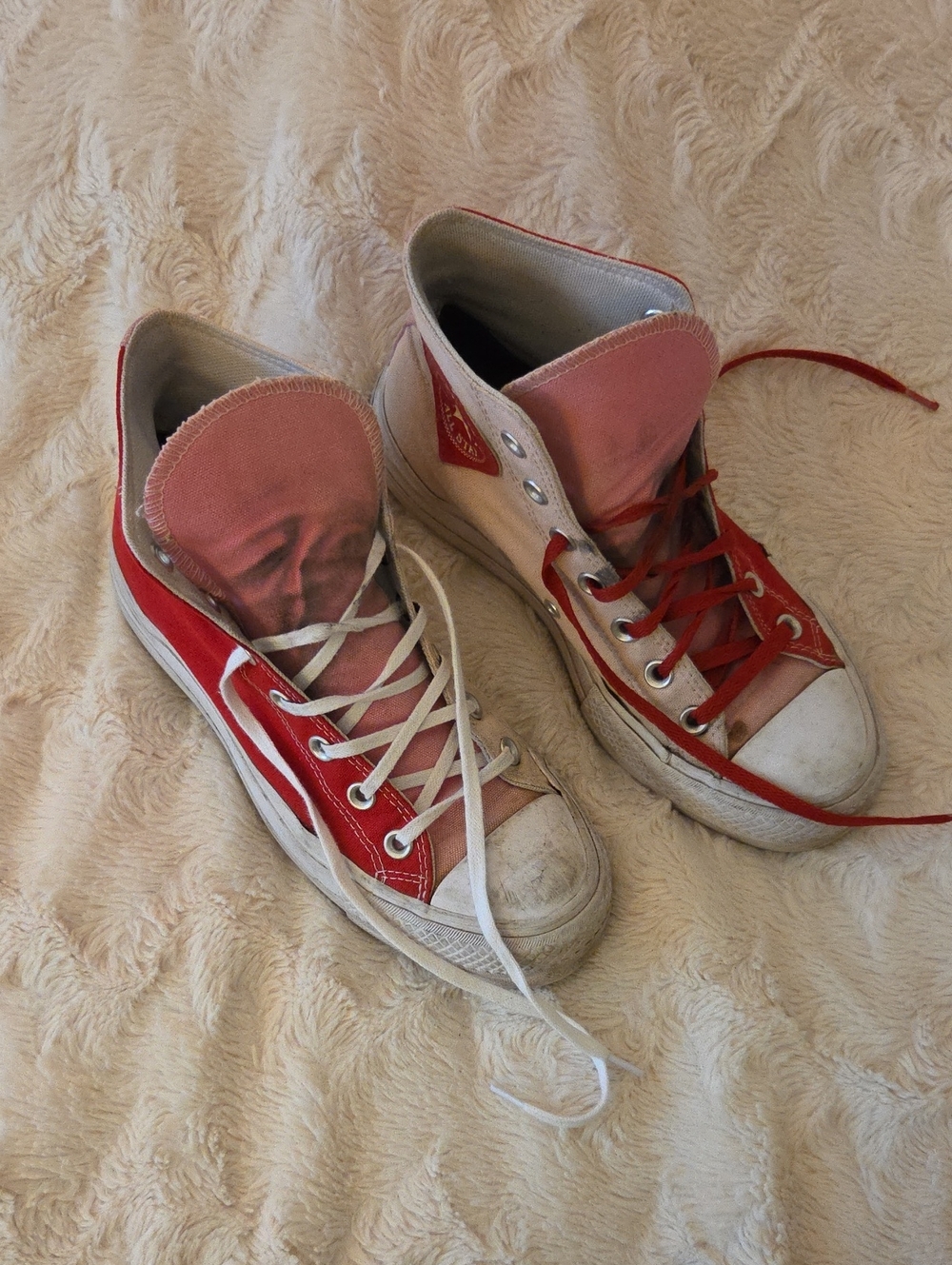 red/pink/white custom platform converse high tops